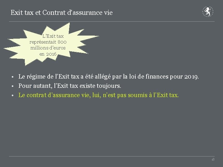 Exit tax et Contrat d’assurance vie L’Exit tax représentait 800 millions d’euros en 2016