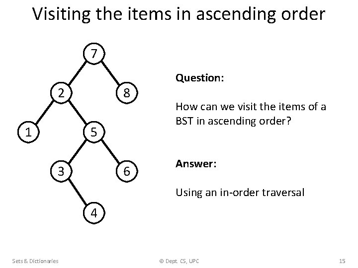 Visiting the items in ascending order 7 2 1 8 5 3 6 Question: