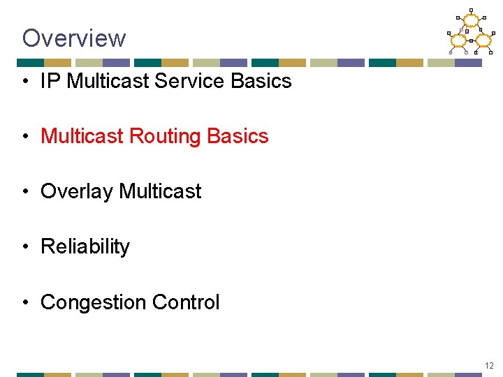 Overview • IP Multicast Service Basics • Multicast Routing Basics • Overlay Multicast •