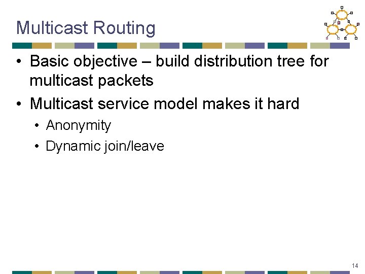 Multicast Routing • Basic objective – build distribution tree for multicast packets • Multicast