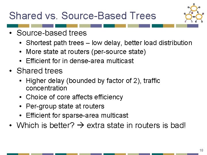 Shared vs. Source-Based Trees • Source-based trees • Shortest path trees – low delay,