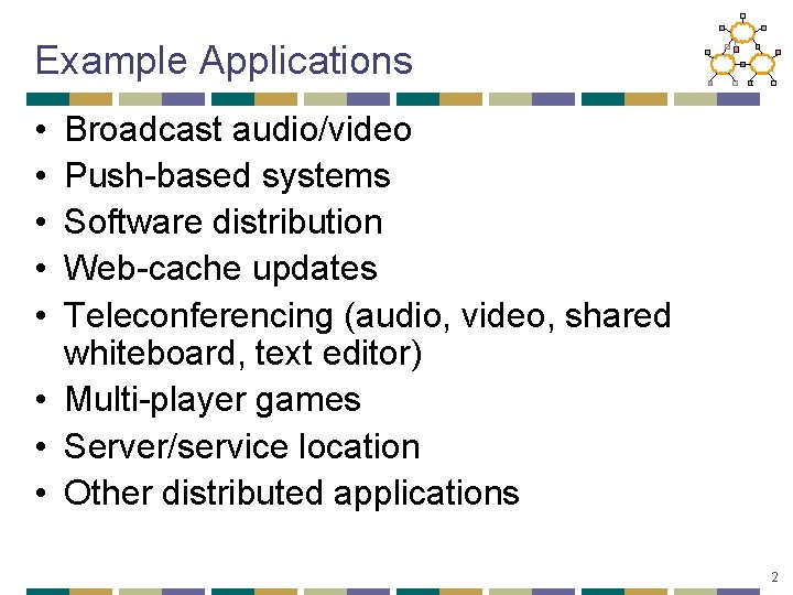 Example Applications • • • Broadcast audio/video Push-based systems Software distribution Web-cache updates Teleconferencing