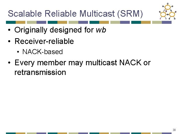 Scalable Reliable Multicast (SRM) • Originally designed for wb • Receiver-reliable • NACK-based •