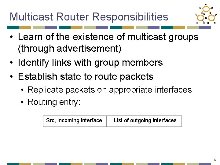 Multicast Router Responsibilities • Learn of the existence of multicast groups (through advertisement) •