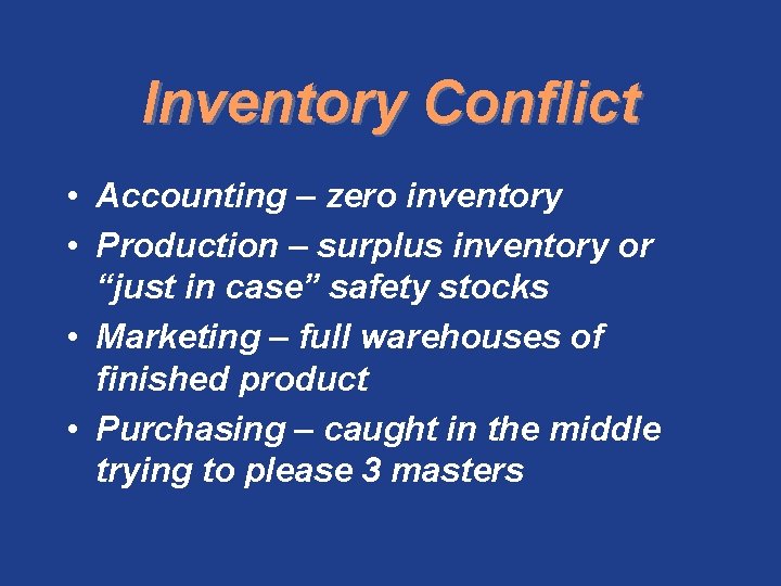 Inventory Conflict • Accounting – zero inventory • Production – surplus inventory or “just