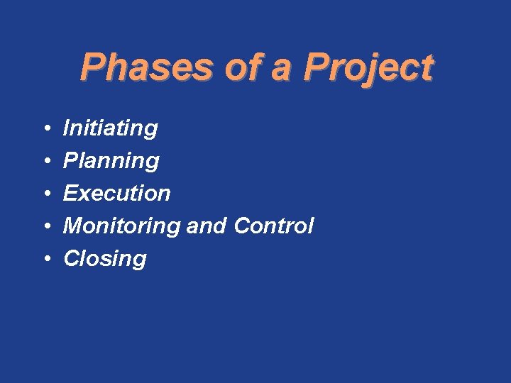 Phases of a Project • • • Initiating Planning Execution Monitoring and Control Closing