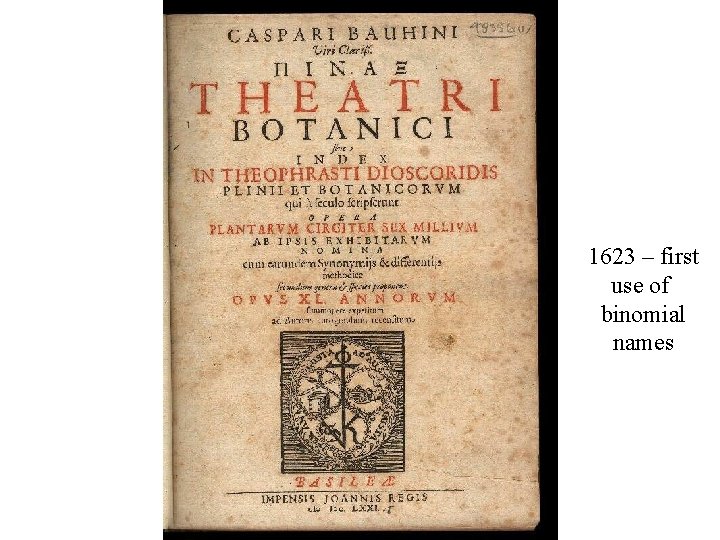 1623 – first use of binomial names 1623 – first use of binomial names