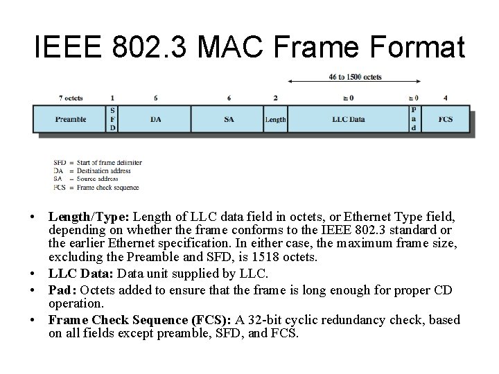 IEEE 802. 3 MAC Frame Format • Length/Type: Length of LLC data field in