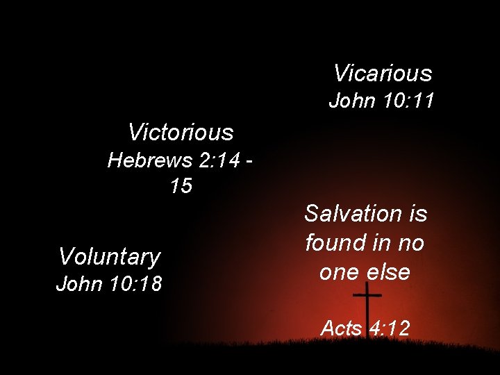 Vicarious John 10: 11 Victorious Hebrews 2: 14 15 Voluntary John 10: 18 Salvation