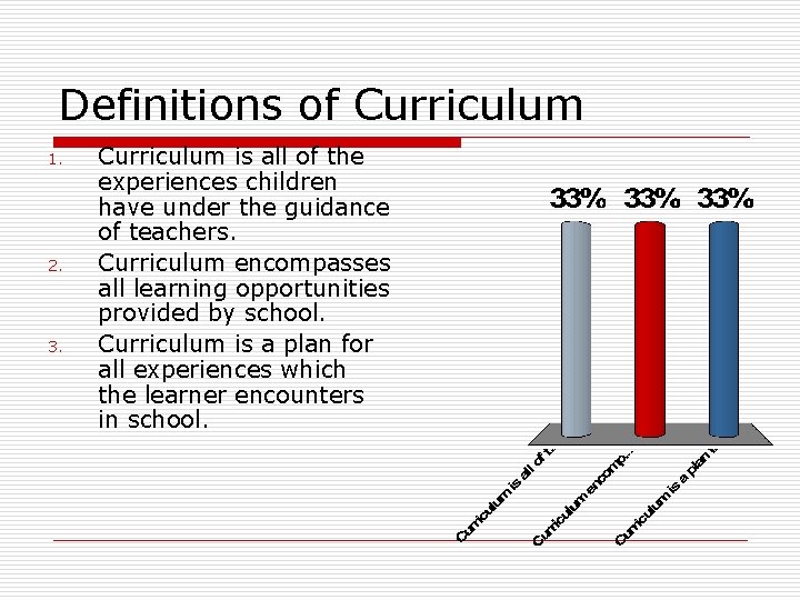 Definitions of Curriculum 1. 2. 3. Curriculum is all of the experiences children have