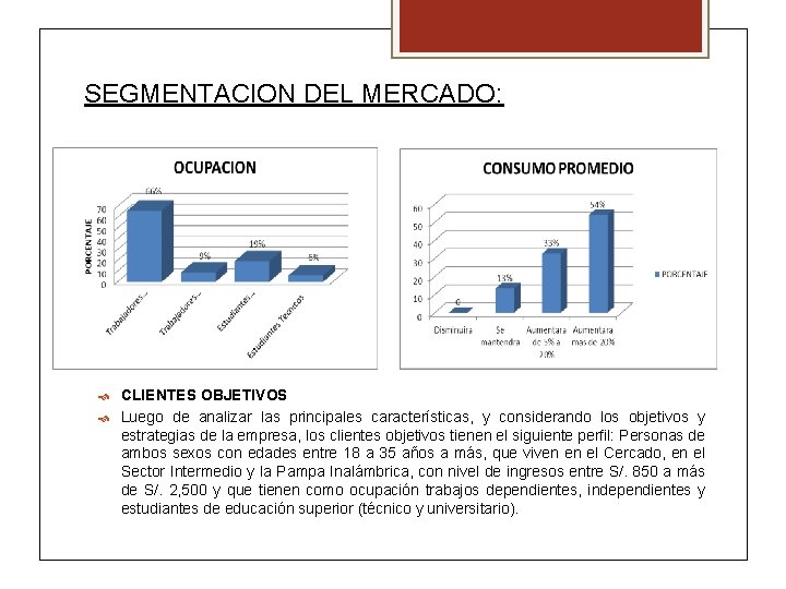 SEGMENTACION DEL MERCADO: CLIENTES OBJETIVOS Luego de analizar las principales características, y considerando los