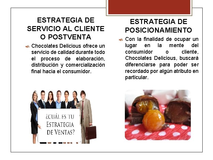 ESTRATEGIA DE SERVICIO AL CLIENTE O POSTVENTA Chocolates Delicious ofrece un servicio de calidad