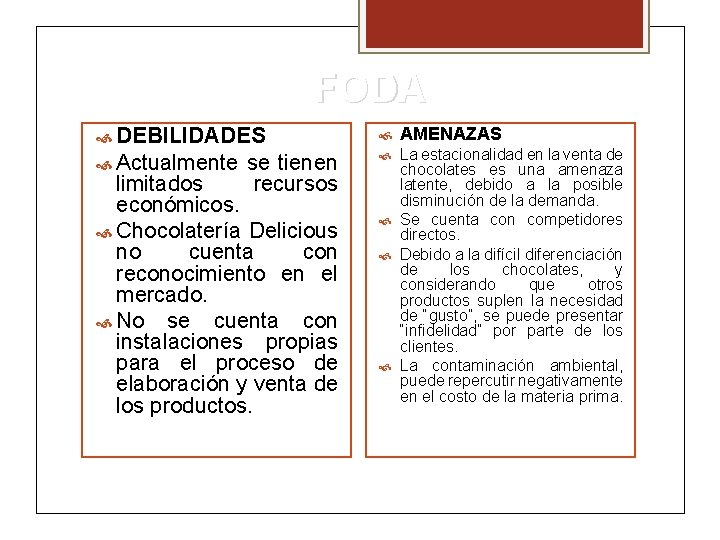 FODA DEBILIDADES AMENAZAS Actualmente se tienen La estacionalidad en la venta de chocolates es