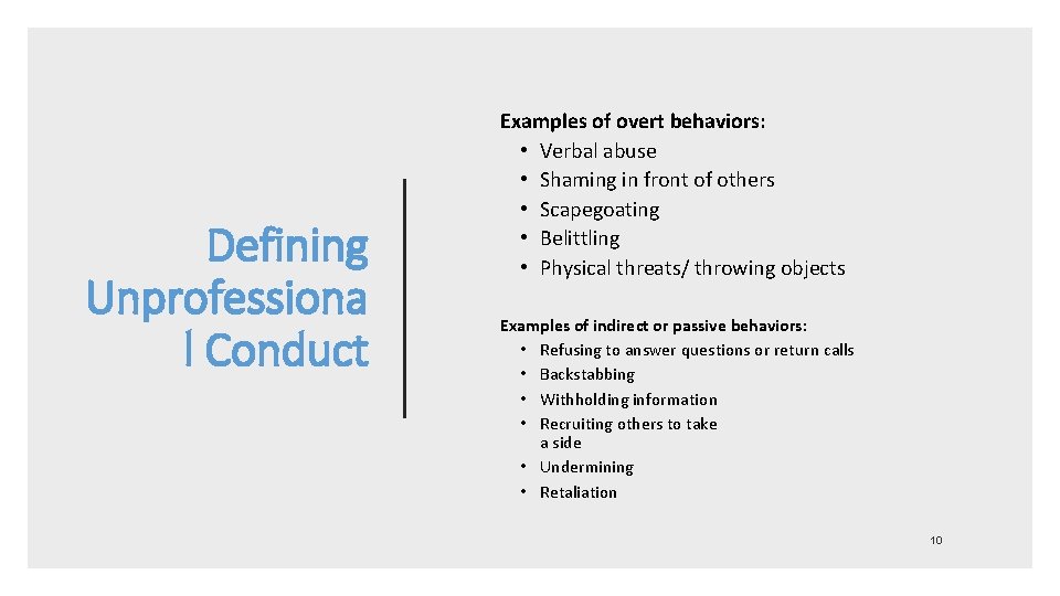 Defining Unprofessiona l Conduct Examples of overt behaviors: • Verbal abuse • Shaming in