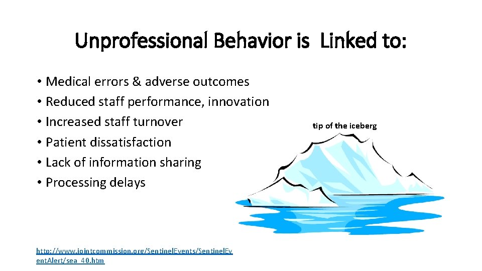 Unprofessional Behavior is Linked to: • Medical errors & adverse outcomes • Reduced staff