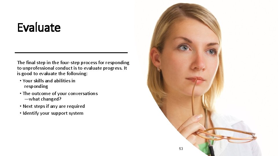 Evaluate The final step in the four-step process for responding to unprofessional conduct is