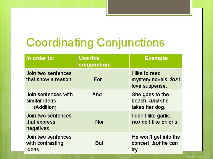 Coordinating Conjunctions In order to: Join two sentences that show a reason Join sentences