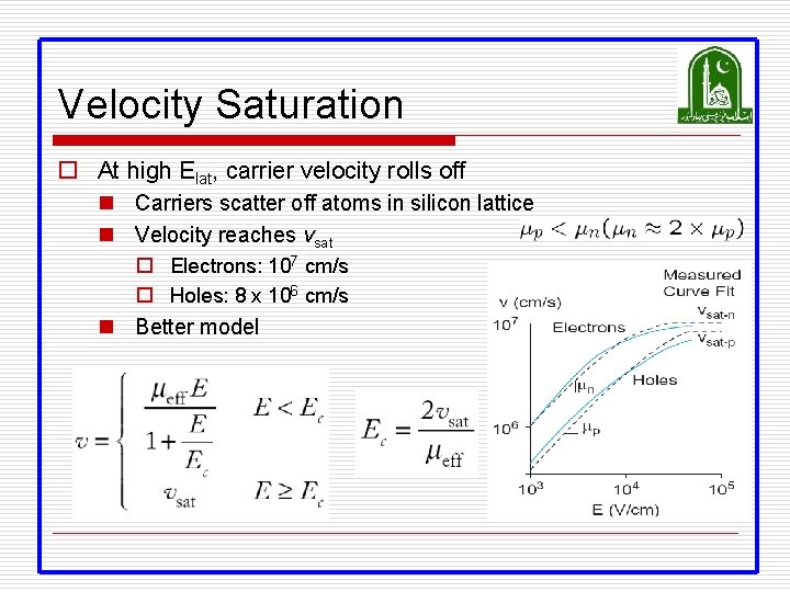 Velocity Saturation o At high Elat, carrier velocity rolls off n Carriers scatter off Velocity Saturation o At high Elat, carrier velocity rolls off n Carriers scatter off