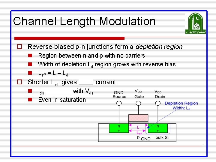 Channel Length Modulation o Reverse-biased p-n junctions form a depletion region n Region between Channel Length Modulation o Reverse-biased p-n junctions form a depletion region n Region between