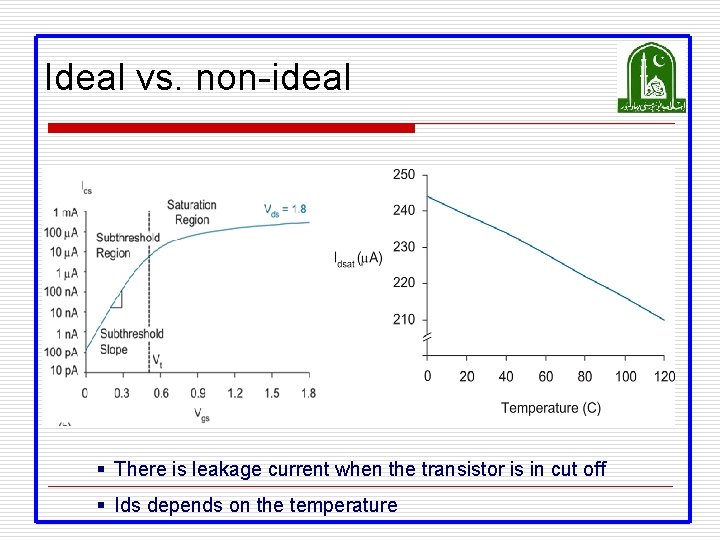 Ideal vs. non-ideal § There is leakage current when the transistor is in cut Ideal vs. non-ideal § There is leakage current when the transistor is in cut