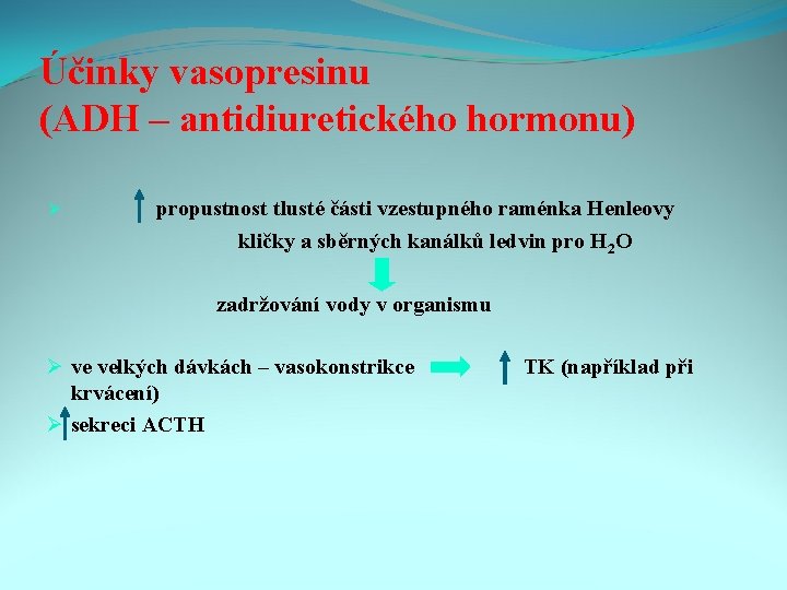 Účinky vasopresinu (ADH – antidiuretického hormonu) Ø propustnost tlusté části vzestupného raménka Henleovy kličky