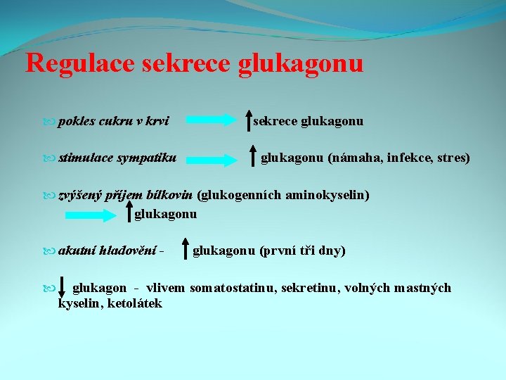 Regulace sekrece glukagonu pokles cukru v krvi stimulace sympatiku sekrece glukagonu (námaha, infekce, stres)