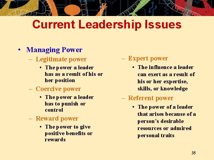 Current Leadership Issues • Managing Power – Legitimate power • The power a leader