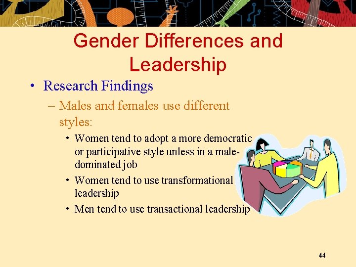 Gender Differences and Leadership • Research Findings – Males and females use different styles: