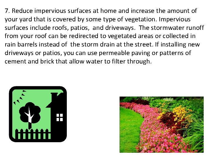 7. Reduce impervious surfaces at home and increase the amount of your yard that