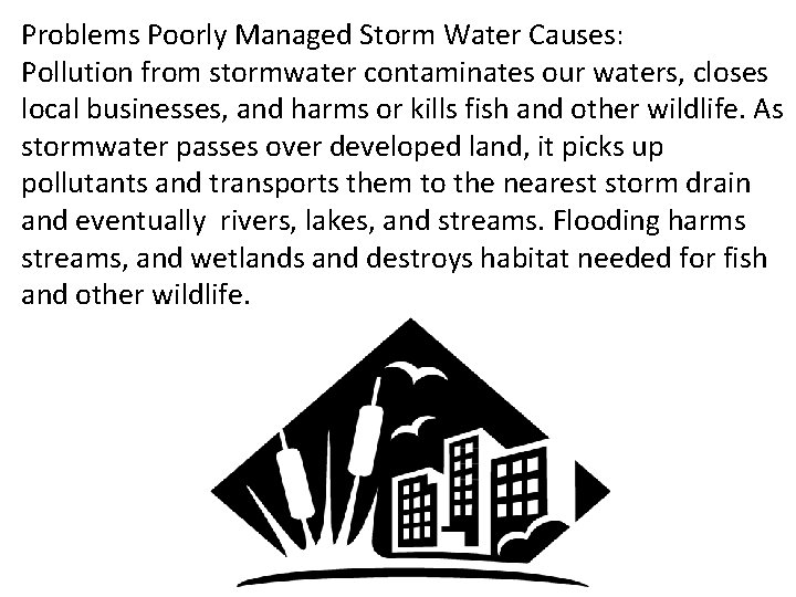 Problems Poorly Managed Storm Water Causes: Pollution from stormwater contaminates our waters, closes local