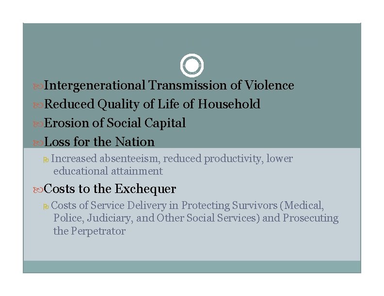 Consequences of Domestic Violence Intergenerational Transmission of Violence Reduced Quality of Life of Household