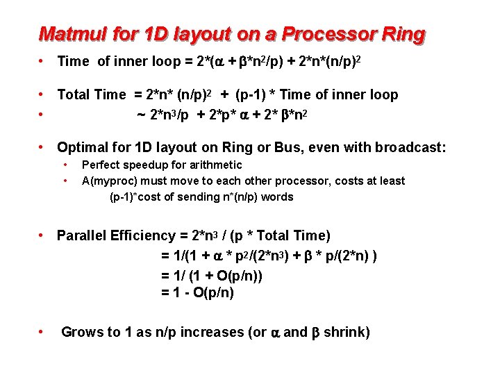 Matmul for 1 D layout on a Processor Ring • Time of inner loop