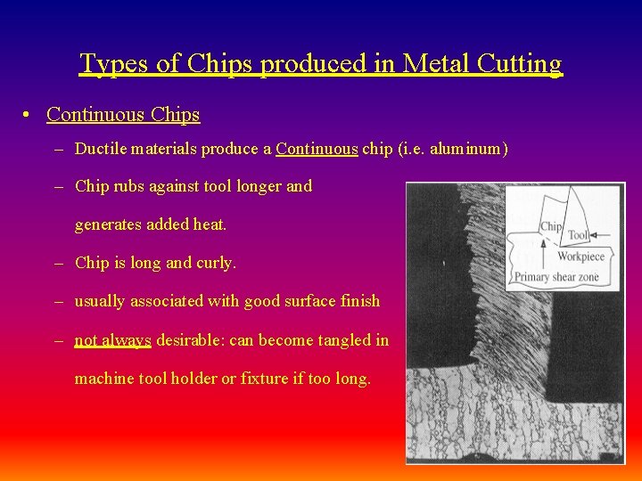Types of Chips produced in Metal Cutting • Continuous Chips – Ductile materials produce