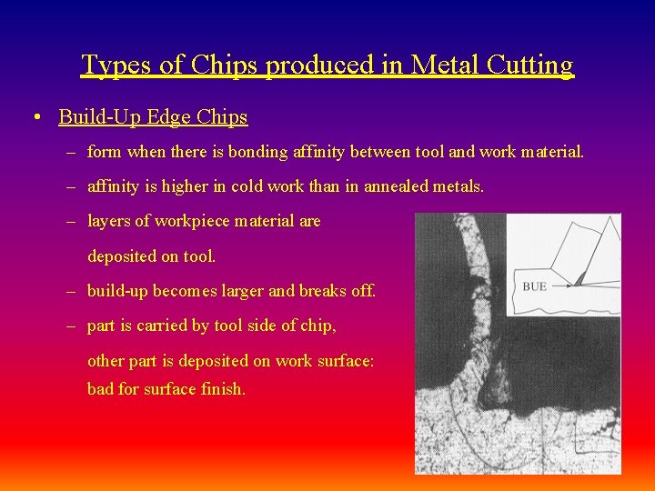 Types of Chips produced in Metal Cutting • Build-Up Edge Chips – form when