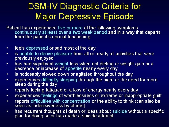 DSM-IV Diagnostic Criteria for Major Depressive Episode Patient has experienced five or more of