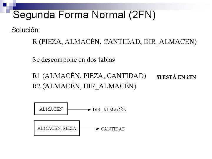 Segunda Forma Normal (2 FN) Solución: R (PIEZA, ALMACÉN, CANTIDAD, DIR_ALMACÉN) Se descompone en