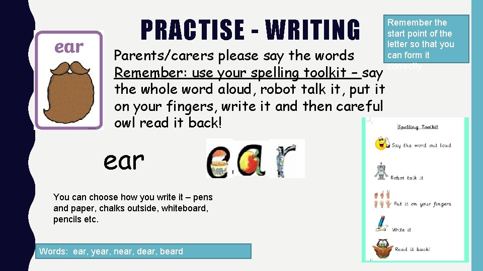 PRACTISE - WRITING Parents/carers please say the words Remember: use your spelling toolkit –