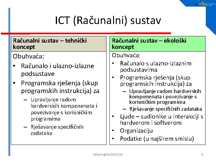 ICT (Računalni) sustav Računalni sustav – tehnički koncept Obuhvaća: • Računalo i ulazno-izlazne podsustave