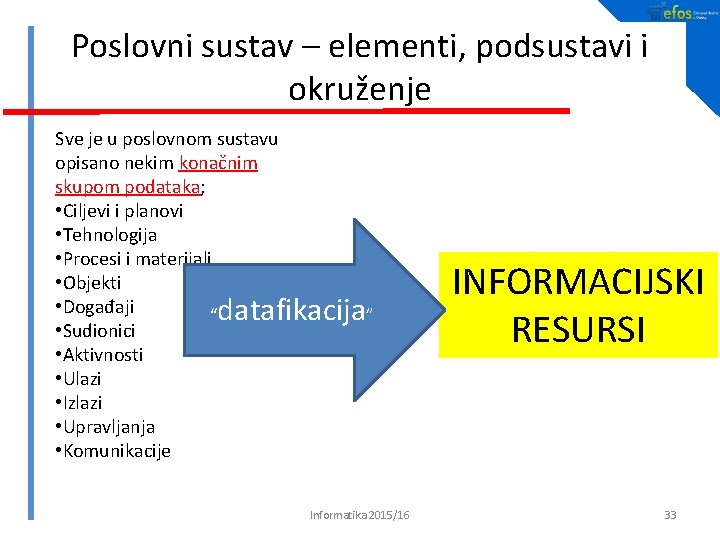 Poslovni sustav – elementi, podsustavi i okruženje Sve je u poslovnom sustavu opisano nekim