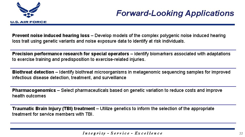 Forward-Looking Applications Prevent noise induced hearing loss – Develop models of the complex polygenic