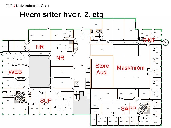 Hvem sitter hvor, 2. etg SINT NR NR Store Aud. WEB Maskinrom SUF SAPP