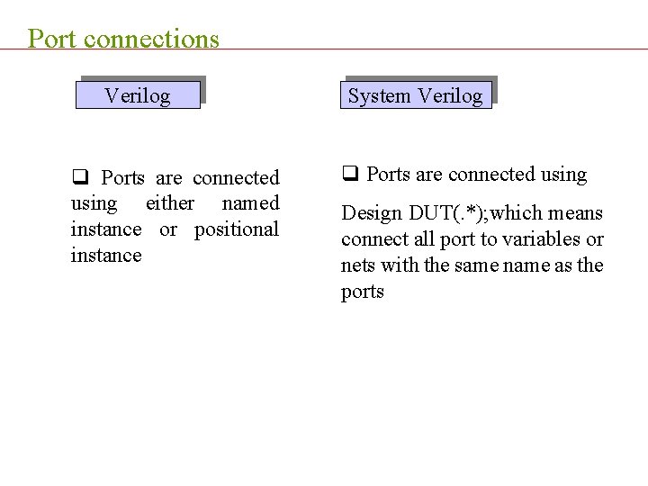 Port connections Verilog q Ports are connected using either named instance or positional instance