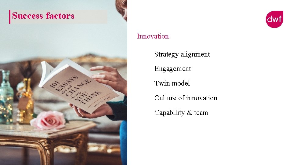 Success factors Innovation Strategy alignment Engagement Twin model Culture of innovation Capability & team Success factors Innovation Strategy alignment Engagement Twin model Culture of innovation Capability & team