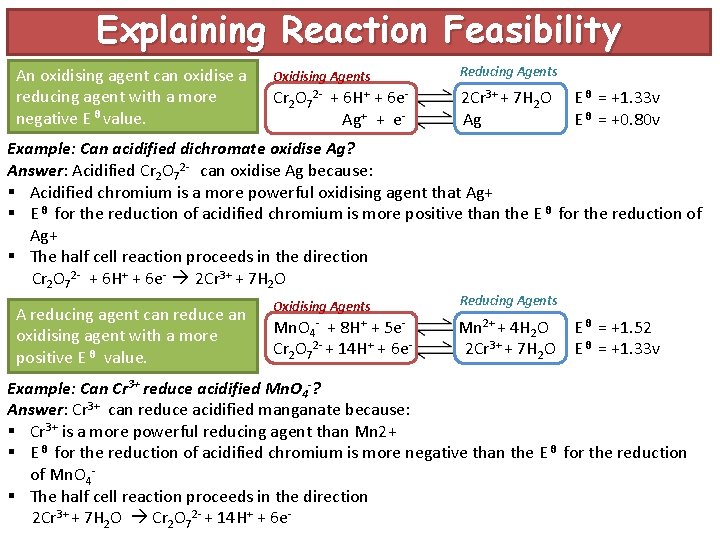 Explaining Reaction Feasibility An oxidising agent can oxidise a reducing agent with a more