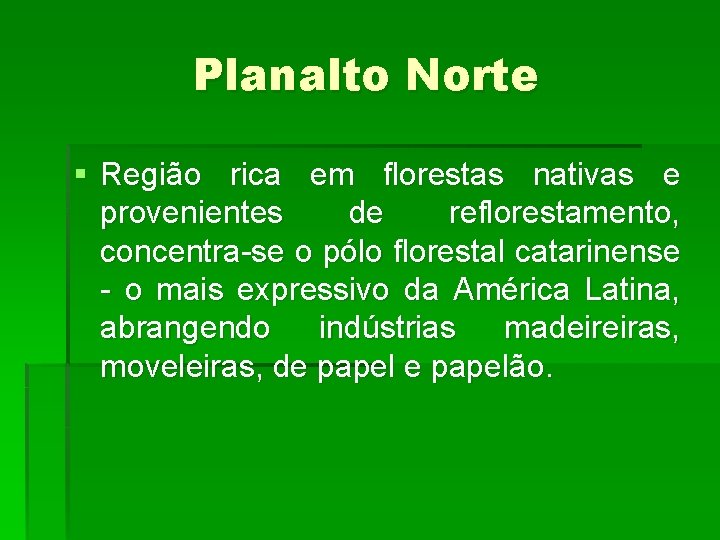 Planalto Norte § Região rica em florestas nativas e provenientes de reflorestamento, concentra-se o