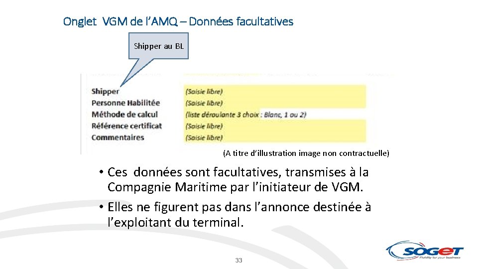 Onglet VGM de l’AMQ – Données facultatives Shipper au BL (A titre d’illustration image