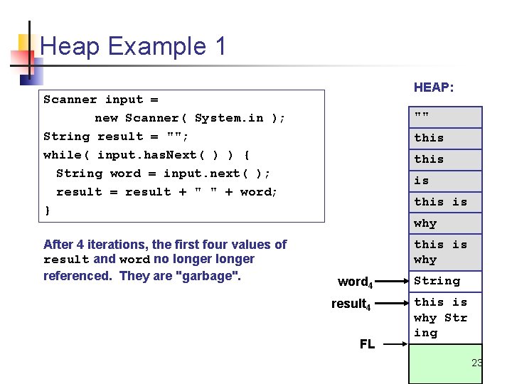 Heap Example 1 HEAP: Scanner input = new Scanner( System. in ); String result