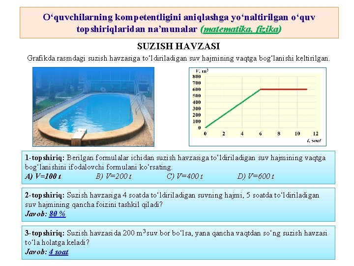 O‘quvchilarning kompetentligini aniqlashga yo‘naltirilgan o‘quv topshiriqlaridan na’munalar (matematika, fizika) SUZISH HAVZASI Grafikda rasmdagi suzish O‘quvchilarning kompetentligini aniqlashga yo‘naltirilgan o‘quv topshiriqlaridan na’munalar (matematika, fizika) SUZISH HAVZASI Grafikda rasmdagi suzish