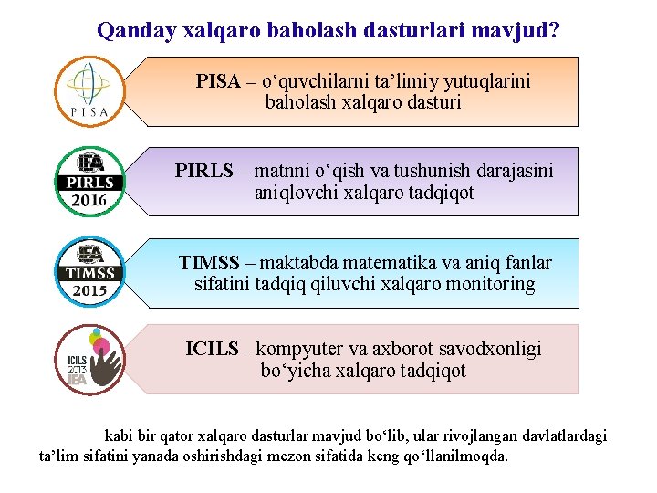 Qanday xalqaro baholash dasturlari mavjud? PISA – o‘quvchilarni ta’limiy yutuqlarini baholash xalqaro dasturi PIRLS Qanday xalqaro baholash dasturlari mavjud? PISA – o‘quvchilarni ta’limiy yutuqlarini baholash xalqaro dasturi PIRLS