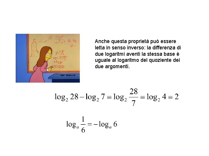 Anche questa proprietà può essere letta in senso inverso: la differenza di due logaritmi